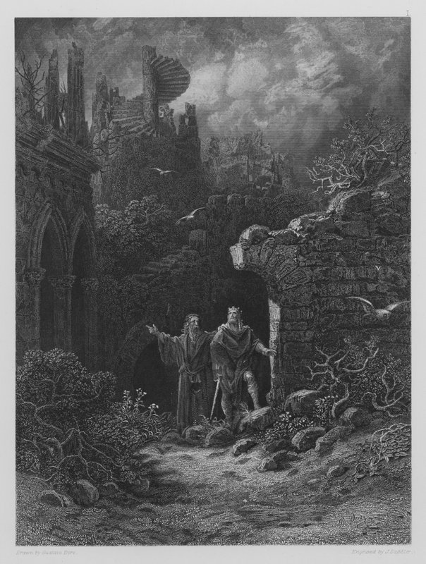 Yniol toont Prins Geraint zijn verwoeste kasteel door Gustave after Dore