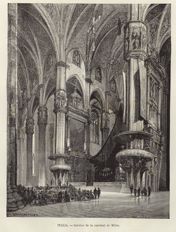 Interieur van de kathedraal van Milaan door Gustave Bauernfeind