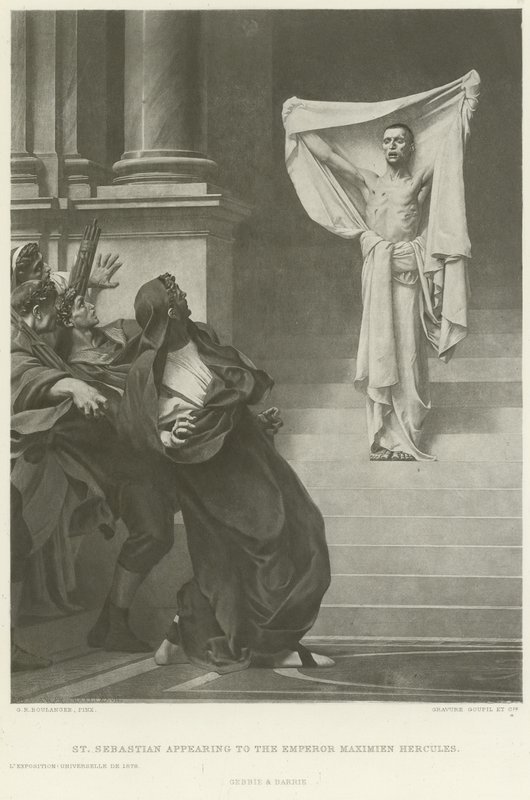 Sint Sebastiaan verschijnt aan keizer Maximien Hercules (gravure) door Gustave Clarence Rodolphe Boulanger
