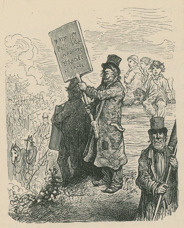 Een man die een bord vasthoudt bij een protest door Gustave Dore