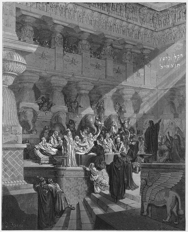Gustave Dore Bijbel: Daniël interpreteert het schrift aan de muur door Gustave Dore