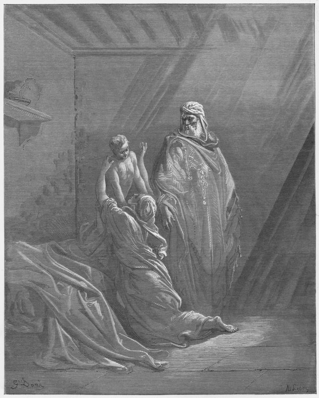 Gustave Dore Bijbel: Elia wekt de zoon van de weduwe van Zarefat op door Gustave Dore