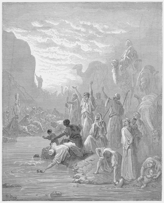 Mozes slaat op de rots in Horeb door Gustave Dore