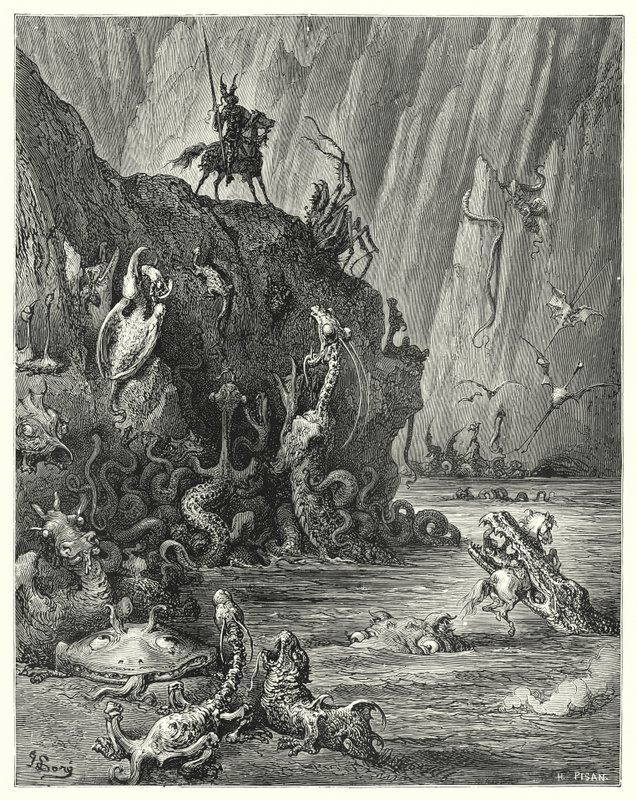 Een groot meer van kokende pek, waarin een oneindige menigte van woeste en verschrikkelijke wezens heen en weer trekken (gravure) door Gustave Dore