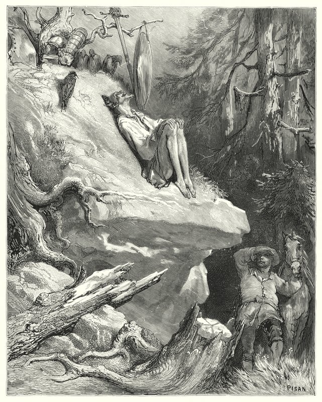 Don Quichot van Gustave Doré: "Ach!" antwoordde Sancho, "Ik vond hem in zijn hemd, mager, bleek en bijna uitgehongerd, zuchtend om zijn Dame Dulcinea" door Gustave Dore