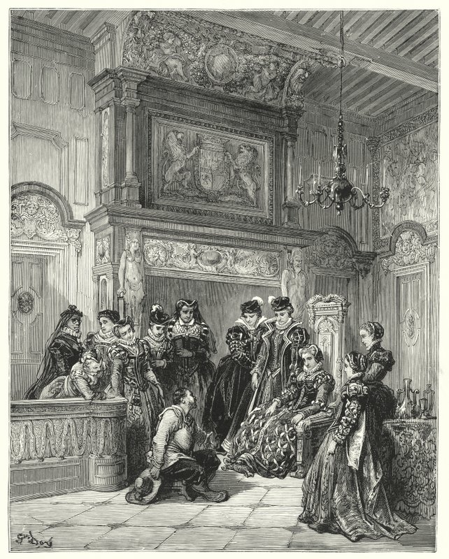 Op verzoek van de hertogin vertelde hij het hele verhaal van de recente vermeende betovering zeer getrouw (gravure) door Gustave Dore