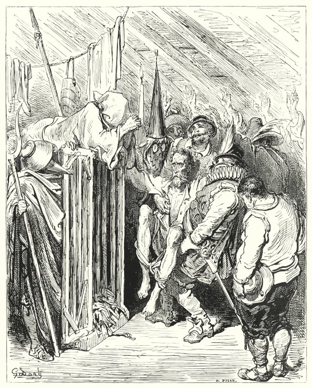 Wees niet ongeduldig, O Ridder van de Jammerlijke Figuur, over je gevangenschap (gravure) door Gustave Dore