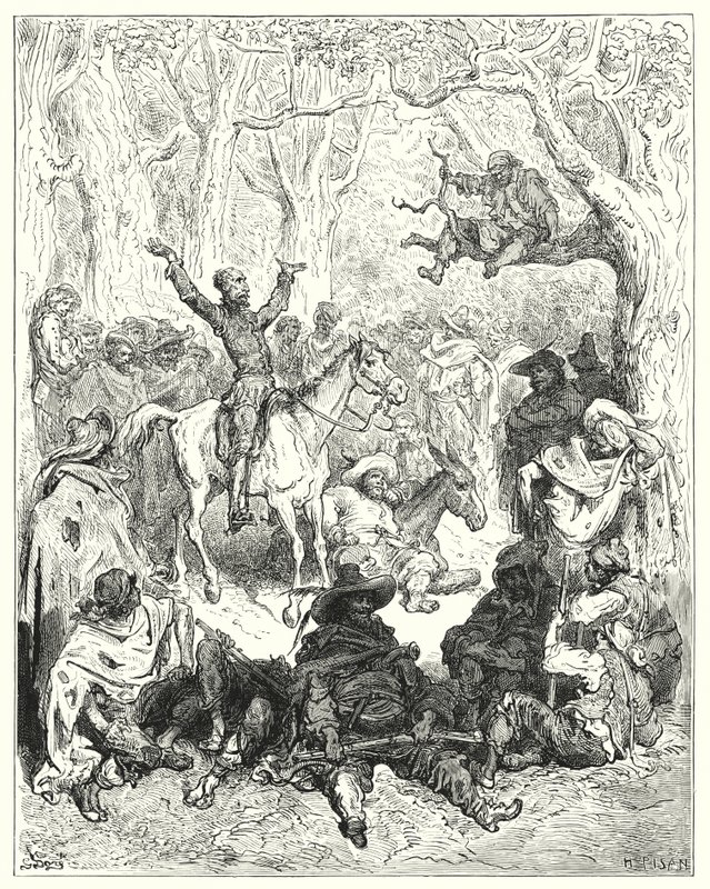 Don Quichot, gezeten op Rozinante, declameert zeer uitvoerig tegen hun manier van leven door Gustave Dore