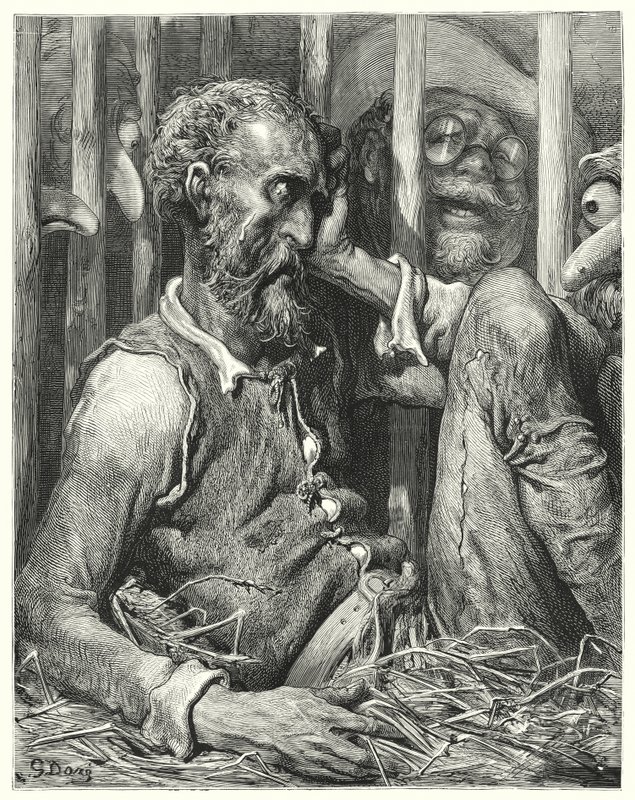 Don Quichot was niet zo verbaasd over zijn betovering als over de manier waarop (gravure) door Gustave Dore