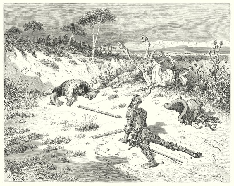 Don Quichot van Gustave Doré: "Sancho, ik heb altijd gehoord dat een vriendelijkheid doen aan boeren is als water in de zee gooien" door Gustave Dore