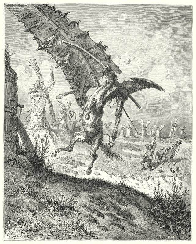 Don Quichot van Gustave Doré: "Het zeil wierp zowel ridder als paard weg" door Gustave Dore