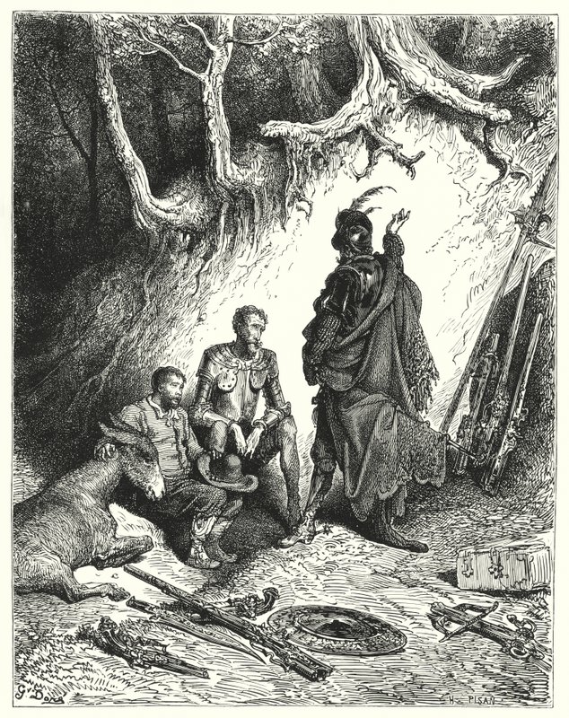 De schildknapen lieten Don Quichot, Roque en Sancho achter om hun terugkeer af te wachten (gravure) door Gustave Dore