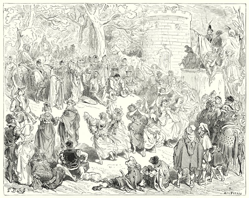 Don Quichot van Gustave Doré: "Ze werden geleid door een eerbiedwaardige oude man en een moederlijke vrouw" door Gustave Dore