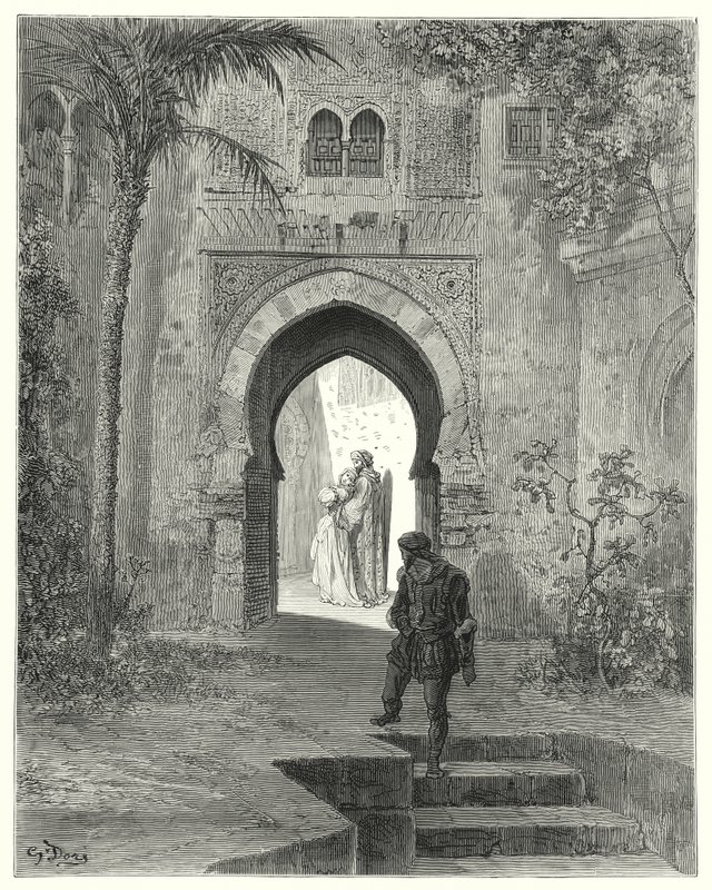 Don Quichot van Gustave Doré: "Zoraida, met een bezorgde blik, ging weg met haar vader" door Gustave Dore