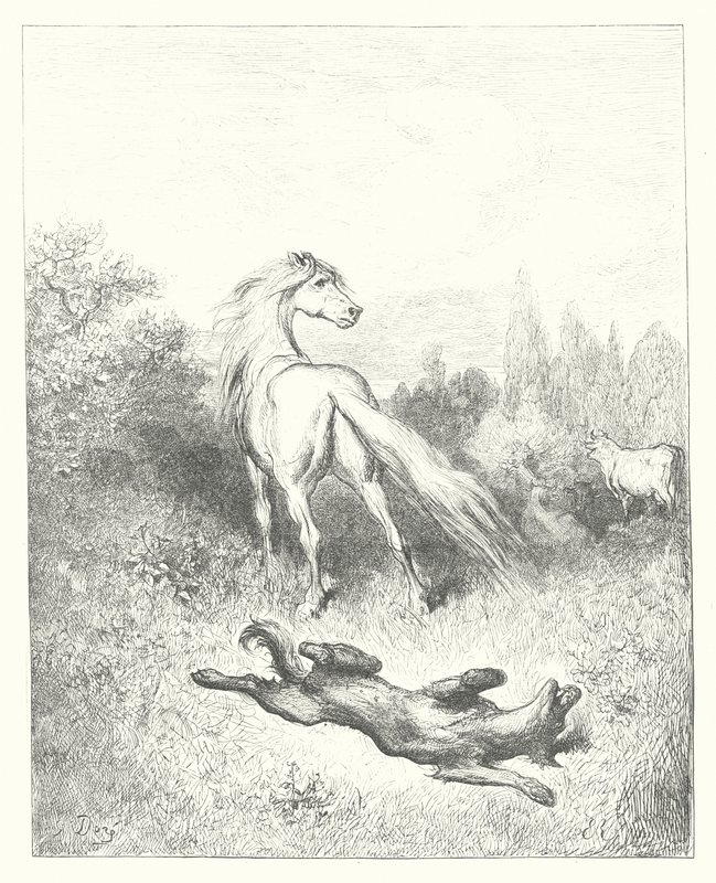 De fabels van La Fontaine: Het paard en de wolf (gravure) door Gustave Dore
