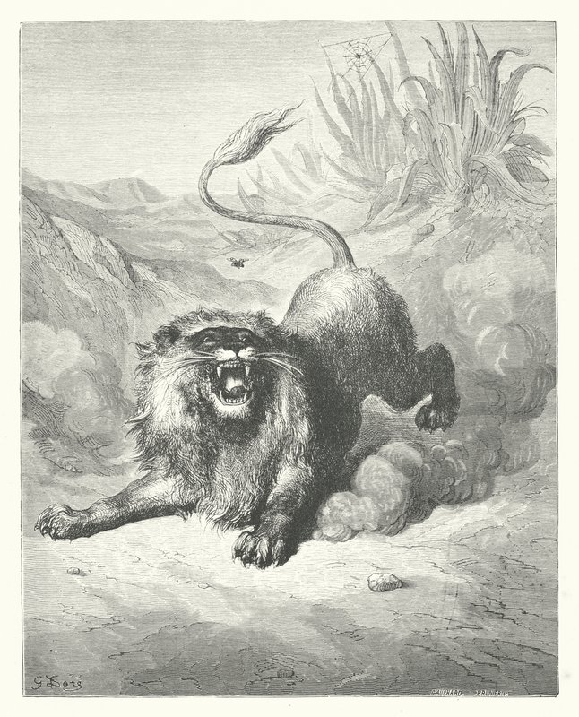 De Fabels van La Fontaine: De Leeuw en de Mug door Gustave Dore