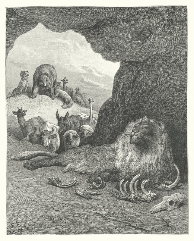 De Fabels van La Fontaine: De Zieke Leeuw en de Vos door Gustave Dore