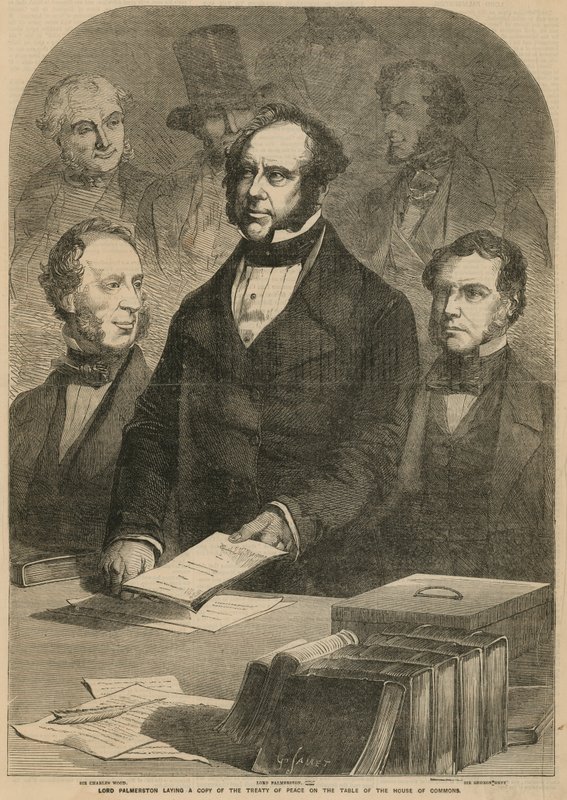Lord Palmerston legt een kopie van het Vredesverdrag op de tafel van het Lagerhuis door Gustave Janet