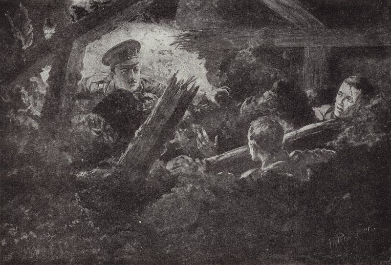 Tweede luitenant Cecil Calvert graaft en redt twee mannen uit een mijnschacht die was ingestort, 6 september 1915 door H. Ripperger