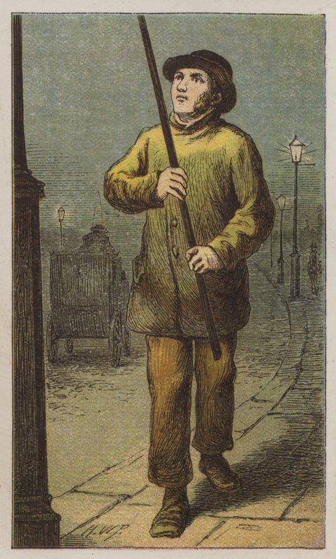 Lantaarnopsteker (kleur litho) door H.W. (after) Petherick