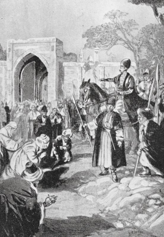 Bokhara opent zijn Poort voor de Mongool Ogodai Khan, AD 1231 door H. M. (after) Burton