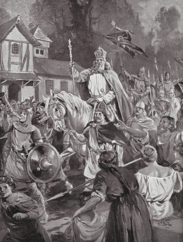 Karel de Grote keert terug naar Brussel, zijn landgoed door H. M. (after) Burton