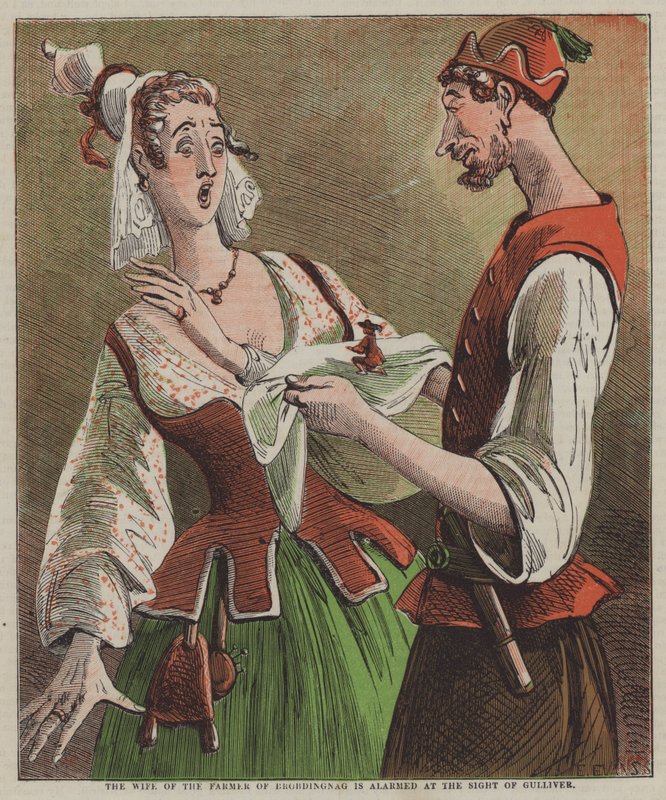De vrouw van de boer van Brobdingnag is geschrokken bij het zien van Gulliver (kleur litho) door after Hablot Knight Browne