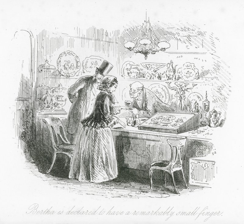 Londense straten: Bertha wordt verklaard een opmerkelijk kleine vinger te hebben door Hablot Knight (1815 92) Browne