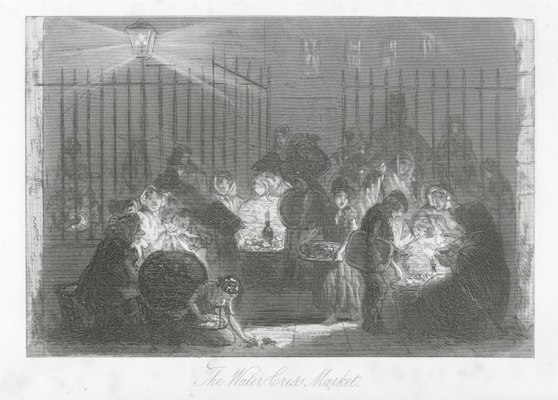 Londense straten: De Waterkersmarkt door Hablot Knight (1815 92) Browne