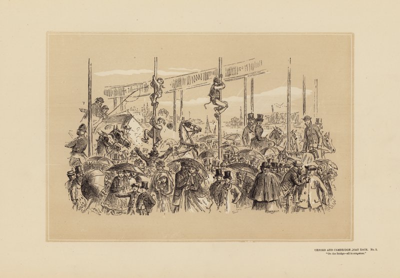 Oxford en Cambridge Bootrace, Nr. 3, Op de brug (gravure) door Hablot Knight (1815 92) Browne
