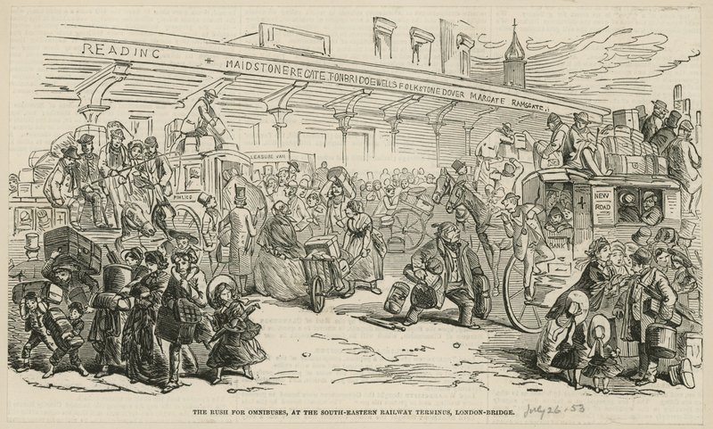De haast naar omnibussen bij het zuidoostelijke spoorwegstation, London Bridge door Hablot Knight Browne