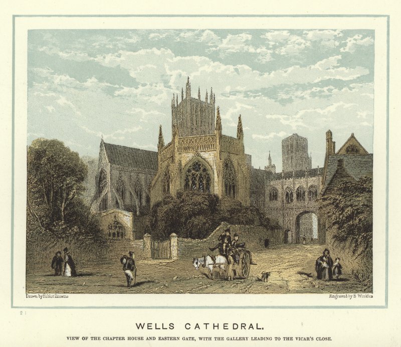 Kathedraal van Wells, zicht op het kapittelhuis en de oostelijke poort, met de galerij naar de Vicar