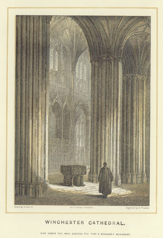 Winchester Cathedral, uitzicht over het schip met zicht op het front en het monument van Wykeham door Hablot Knight Browne