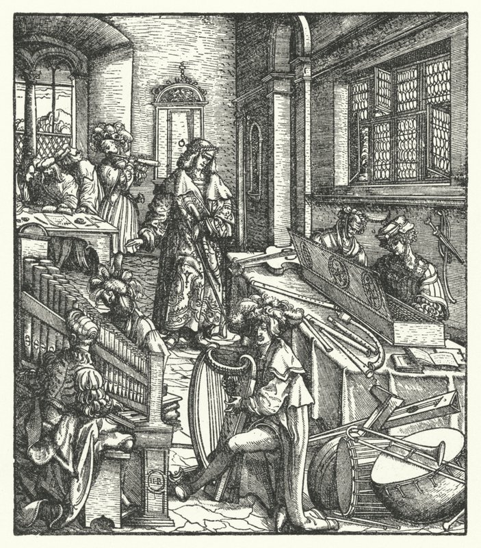 Aartshertog Maximiliaan van Oostenrijk als Beschermer van Muziek door Hans (after) Burgkmair