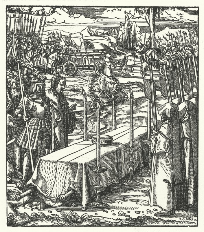 Aartshertog Maximiliaan van Oostenrijk naast de kist van de vermoorde Louis de Bourbon, prins-bisschop van Luik door Hans (after) Burgkmair