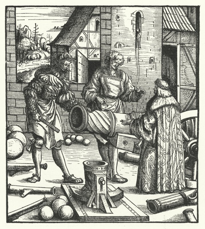 Aartshertog Maximiliaan van Oostenrijk raadpleegt wapensmeden door Hans (after) Burgkmair