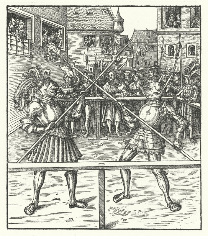 Aartshertog Maximiliaan van Oostenrijk vechtend te voet met een hellebaard (gravure) door Hans (after) Burgkmair