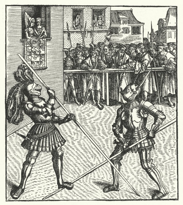Aartshertog Maximiliaan van Oostenrijk vechtend te voet met een lans door Hans (after) Burgkmair