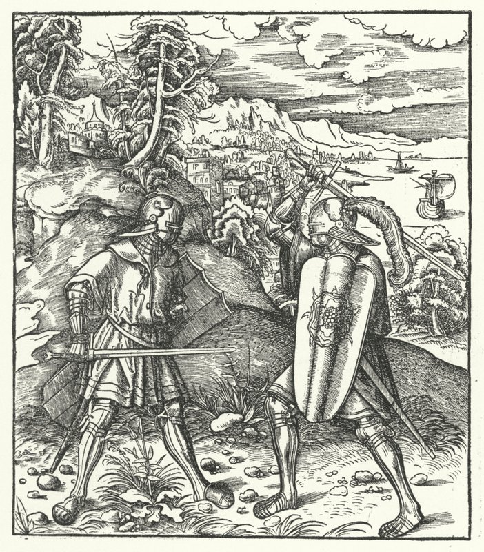 Aartshertog Maximiliaan van Oostenrijk in harnas vechtend met een zwaard (gravure) door Hans (after) Burgkmair