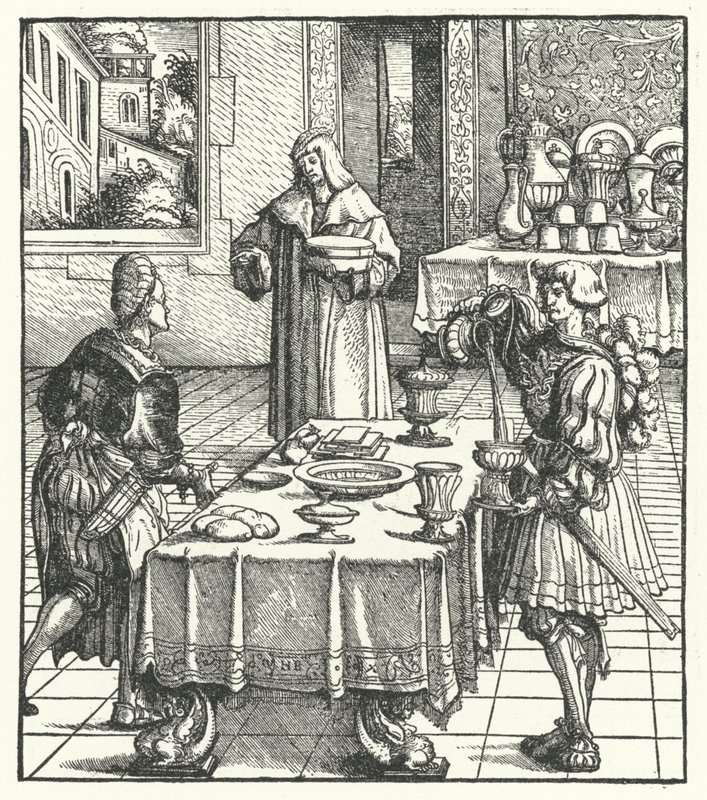 Aartshertog Maximiliaan van Oostenrijk leert de culinaire kunsten (gravure) door Hans (after) Burgkmair