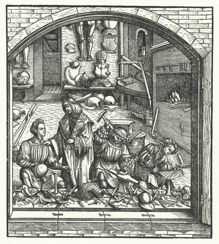 Aartshertog Maximiliaan van Oostenrijk bezoekt een wapensmid door Hans (after) Burgkmair
