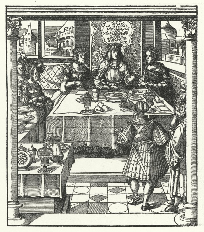 Aartshertog Maximiliaan van Oostenrijk bezoekt zijn toekomstige vrouw, Maria van Bourgondië, en haar moeder, Isabella van Bourbon door Hans (after) Burgkmair