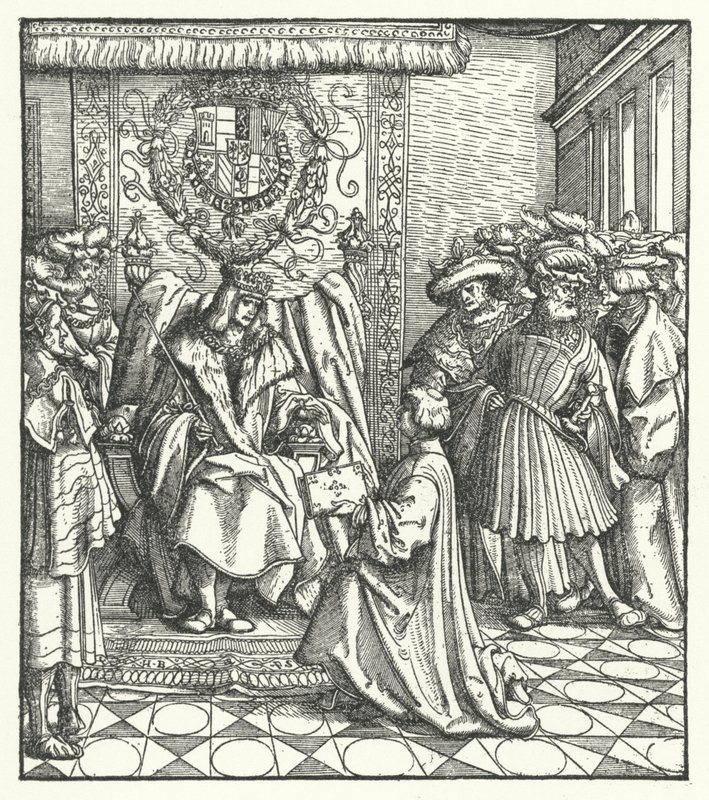 Opdracht van een Boek aan de Heilige Roomse Keizer Maximiliaan I door Hans (after) Burgkmair