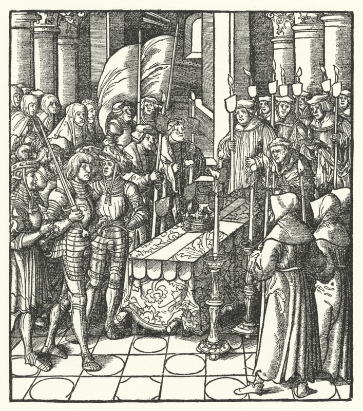 Koning Lodewijk XII van Frankrijk naast de kist van zijn voorganger, koning Karel VIII door Hans (after) Burgkmair