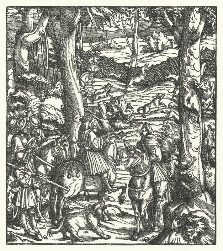 Maximiliaan I, koning van de Romeinen, ontvangt een bericht tijdens de jacht door Hans (after) Burgkmair