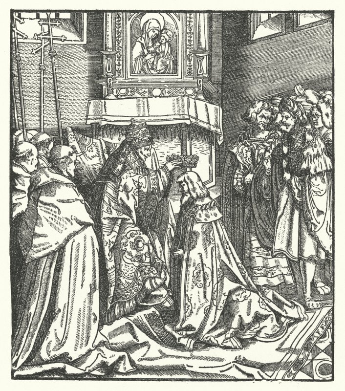 Paus Nicolaas V kroont Frederik III tot Heilige Roomse Keizer in Rome door Hans (after) Burgkmair
