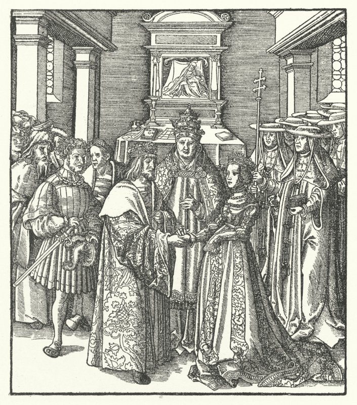 Paus Nicolaas V zit de bruiloft voor van de Heilige Roomse Keizer Frederik III en Eleonora van Portugal in Rome door Hans (after) Burgkmair