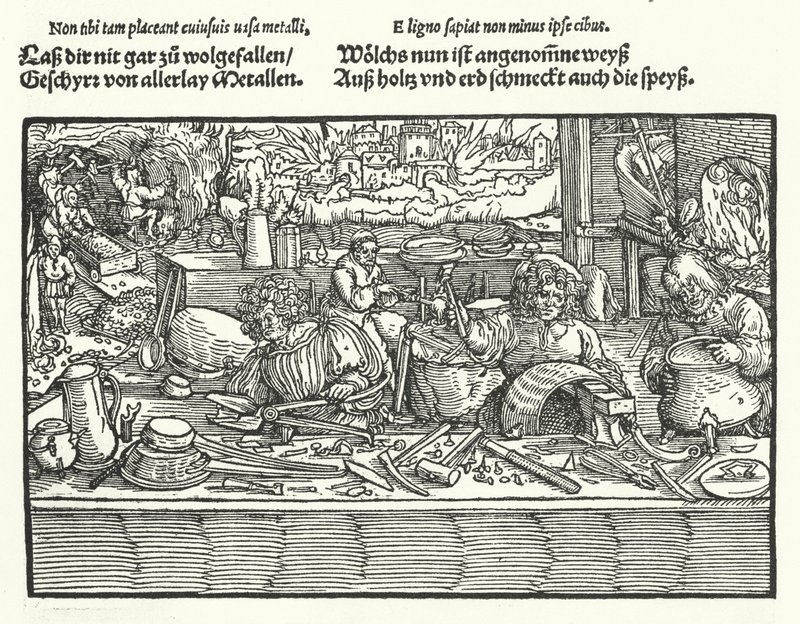 De Koperslager (gravure) door Hans (after) Burgkmair