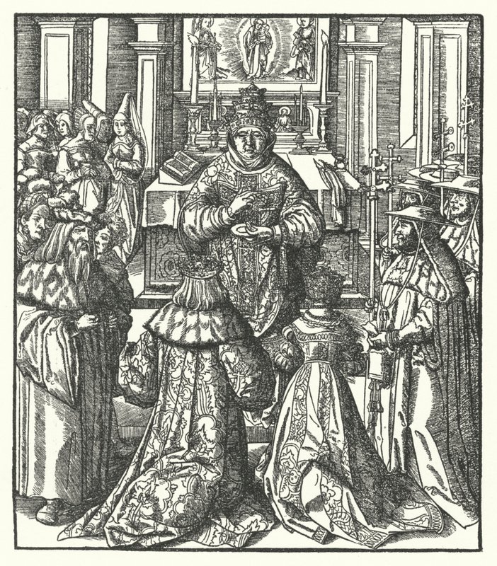 De Heilige Roomse Keizer Frederik III en de keizerin Eleonora ontvangen de Heilige Communie van de paus door Hans (after) Burgkmair