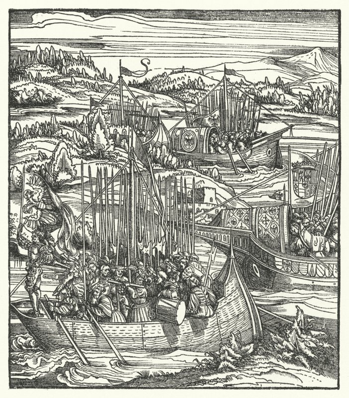 De Heilige Roomse Keizer Maximiliaan I met zijn vloot in La Spezia, Italië door Hans (after) Burgkmair